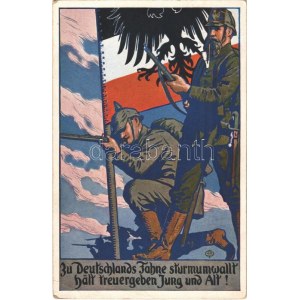 1915 Zu Deutschlands Fahne sturmumwallt hält treuergeben Jung und Alt! / WWI German military propaganda art. E.M.M. No...