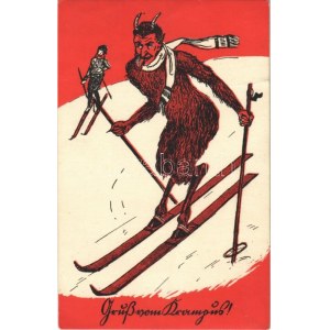 1930 Síelő krampusz, téli sport / Krampus skiing in winter, sport. C.H.W. VIII/2. 2503-14. (EK)