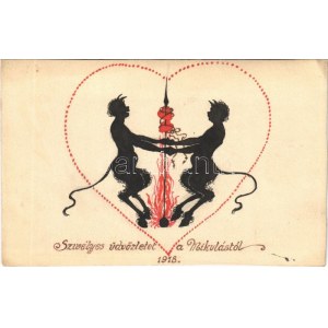 1918 Szívélyes üdvözletet a Mikulástól. Krampuszok, kézzel rajzolt / Krampus greeting hand-drawn art postcard (EK...