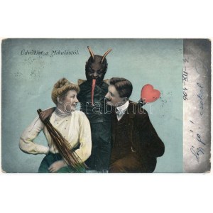 1904 Üdvözlet a Mikulástól! Krampusz szerelmespárral / Greetings from Saint Nicholas...