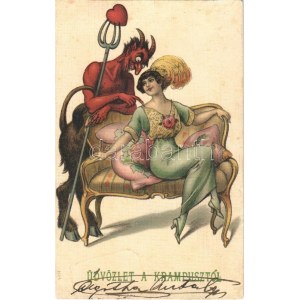 1913 Krampusz vasvillára szúrt szívvel / Krampus with pitchfork and lady. litho