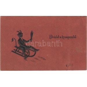 1911 Üdvözlet a Krampusztól! Dombornyomott szánkózó krampusz / Embossed sledding Krampus