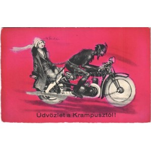 1933 Üdvözlet a Krampusztól! Motoros krampusz láncon magához kötött hölggyel / Krampus on motorbike with lady on chain...