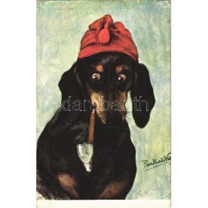 Pipázó tacskó / Dachshund dog smoking a pipe. B.K.W.I. 341-2. s: Pankratz (apró szakadás / tiny tear...