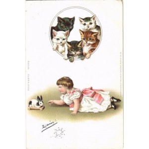 1899 (Vorläufer) Macskák, kislány nyuszis játékkal / Cats, little girl with toy rabbit...