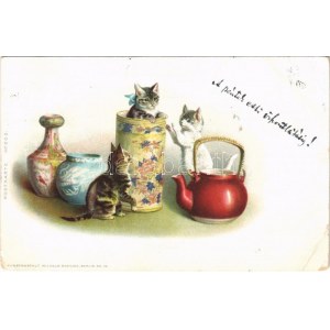 1899 (Vorläufer) Macskák porcelánokkal / cats with porcelain. Kunstanstalt Wilhelm Boehme Postkarte No. 202. litho (EB...