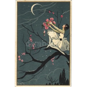 1929 Bohóc hölgy holddal / Pierrot girl with moon. Italian art postcard. Ballerini & Fratini 281. s...