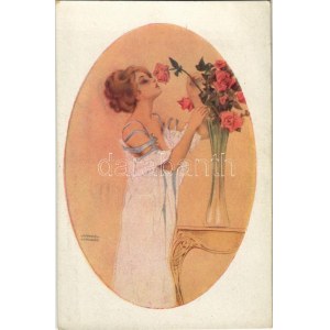 Rose respirant une femme. Gently erotic art postcard. Marque L-E. Paris 45. s: Raphael Kirchner