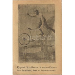 Rupert Riedisser, Kunstradfahrer. Fährt Puch-Räder, Graz mit Continental-Pneumatik ...
