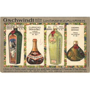 Gschwindt'sche Likörspezialitäten. Wien, III/2. Obere Viaduktgasse 20. / Austrian liqueur shop advertisement ...