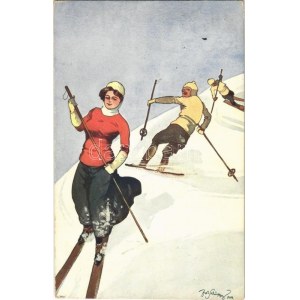 1914 Síelő hölgy, téli sport művészlap / Skiing lady, winter sport art postcard. B.K.W.I. 371-5. s...