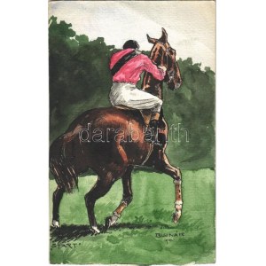 1910 Start / Lovassport. Kézzel rajzolt művészlap / Equestrian sport, horse racer. Hand-painted art postcard s: Bujnák ...