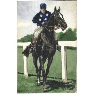 1910 A Gentleman Rider / Lovassport. Kézzel rajzolt művészlap / Equestrian sport, horse racer. Hand...
