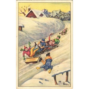 1928 Bobszán baleset, humor. Téli sport művészlap / Bobsleigh accident, humour. Winter sport art postcard. A. Ruegg 546...