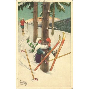 1929 Síbaleset, humor. Téli sport művészlap / Ski accident, humour. Winter sport art postcard. A. Ruegg 548. s...