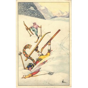 1928 Síbaleset, humor. Téli sport művészlap / Ski accident, humour. Winter sport art postcard. A. Ruegg 557...