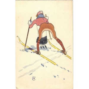 Síelő hölgy. Humoros téli sport művészlap / Skiing lady. Humorous winter sport art postcard...