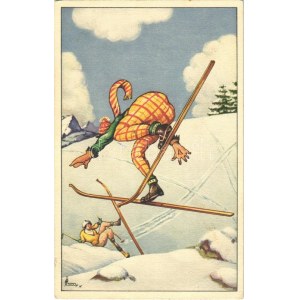 1928 Síbaleset, humor. Téli sport művészlap / Ski accident, humour. Winter sport art postcard. A. Ruegg 554...