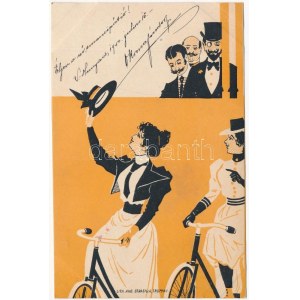 Kerékpáros hölgyek / Ladies on bicycles, gentlemen watching. Aug. Strasilia, Troppau litho