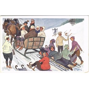 1916 Téli sport művészlap, lószánnal, szánkózók / Winter sport art postcard. Horse drawn sled with sleighing people. B...