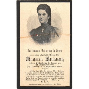 Erzsébet királyné (Sissi) gyászlapja 1837-1898. Hátoldalon Szűz Mária Magyarok Nagyasszonya litho ...