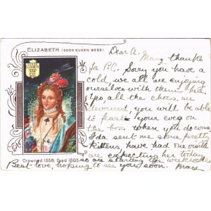 1904 Elizabeth I (Good Queen Bess). Crowned 1558. Died 1603. Art Nouveau, floral, litho