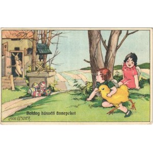 1926 Boldog húsvéti ünnepeket! Pipázó nyúl gyerekekkel / Easter greeting, rabbit with pipe. B.K.W.I. 4661-3. s...