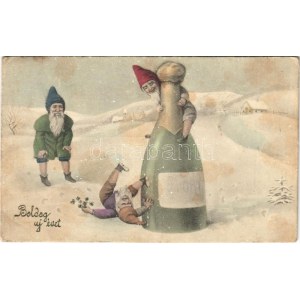 1917 Boldog új évet! Győri pezsgő törpékkel / New Year greetinng, champagne with dwarves. V.K. Vienne 5282.  (EK...