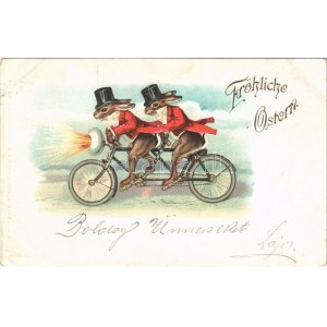 1900 Húsvéti üdvözlet! Kerékpáros nyulak / Fröhlichte Ostern / Easter greeting, rabbits on tandem bicycle. E.A...