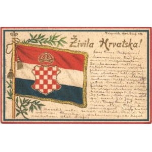 1901 Zivila Hrvatska. Naklada Eugena Selzera u Osijeku / Long live Croatia. Embossed Croatian flag, Art Nouveau, litho ...