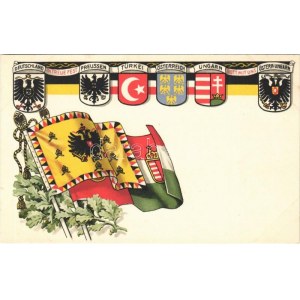 Első világháborús propaganda. Központi hatalmak címerei és Viribus Unitis zászlók / WWI propaganda...