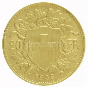 Svájc 1935L-B 20Fr Helvetia (6,48g/0.900) T:1,1- apró ph. / Switzerland 1935L-B 20 Francs Helvetia (6,48g/0.900) C...