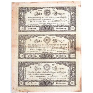 1860. 10Kr K. K. Hauptmünzamt für Silberscheidemünze (3x) vágatlan ívben T:II- fo. / Austrian Empire 1860...