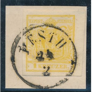 1850 1kr MP III. kadmium sárga, jobb oldalon nagy ívszéllel, kivágáson ...