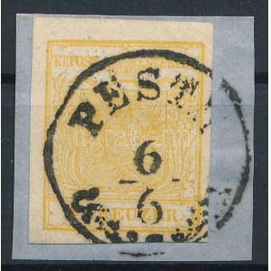 1850 1kr MP Ib aranysárga, kivágáson / golden yellow, on cutting PESTH Signed and Certificate...
