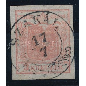 1850 3kr HP Ia3 sápadt rózsa, fehér folt a korona alatt lemezhibával / pale rose, with plate flaw SZAKÁL...