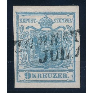 1850 9kr HP I világos szürkéskék, lemezhibával / light greyish blue, with plate flaw (S)ZOMBAT(HELY) Certificate...