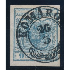 1850 9kr HP I világos szürkéskék, lemezhibával / light greyish blue, with plate flaw KOMÁRO(M) Certificate...