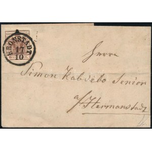 1852 6kr HP I sötét vöröses barna, erős szín, távolsági levélen / dark reddish brown, on domestic cover KRONSTADT...