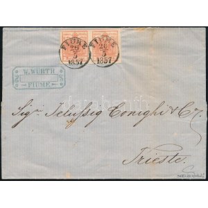 1857 3kr pár MP III távolsági levélen / pair, on domestic cover FIUME / 1857 - Triest. Signed: Ferchenbauer...