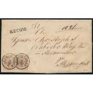 1857 2 x 6kr MP III ajánlott levélen, hátul kis hiánnyal (esetleg bélyeghiány?) / 2 x 6kr MP III on registered cover...