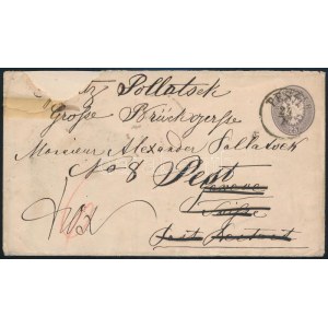 1865 25kr díjjegyes boríték Pestről Genfbe, majd visszaküldve Pestre. A bal felső sarok sérült, hiányos...