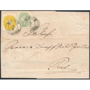 1865 1863 3kr + 1864 2kr vegyes bérmentesítés levélen / mixed franking on cover MOOR - Pest