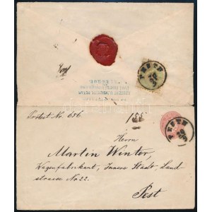 ca. 1864 Helyi ajánlott 5kr díjjegyes boríték 3kr díjkiegészítéssel (nyitási szakadás, visszaragasztva) ...