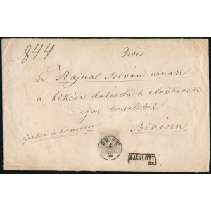 1870 3. súlyfokozatú ajánlott levél 25kr bérmentesítéssel PEST - Békés, benne eredeti tartalommal (a 25kr...