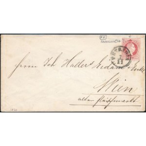1870 5kr díjjegyes boríték, látványos festékfolt a díjjegyen / PS-cover with paint spot PETRINIA ...