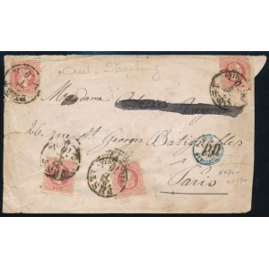 1870 5 x 5kr levélen Pestről Bécsbe, majd Strasbourgon át Párizsba, a hátoldali 5kr bélyegen bécsi bélyegzés ...