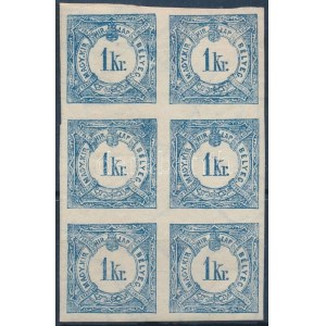 1898 Hírlapilleték 1kr hatostömb B4 vízjellel / Newspaper duty stamp 1kr margin block of 6 (rozsdapötty, gumihiba ...