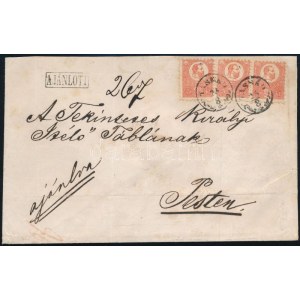1871 3 x Kőnyomat 5kr ajánlott levélen, téglavörös bélyegekkel (V-IV-III típusok) ...