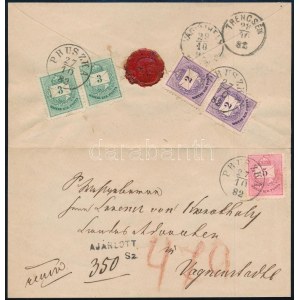 1882 2 x 2kr, 2 x 3kr és 5kr ajánlott levélen. Háromszínű ritka variáció! / on registered cover PRUSZKA ...